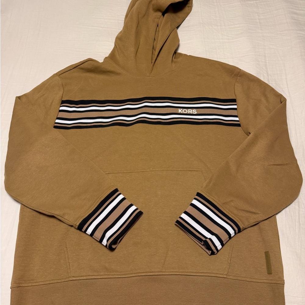 Michael Kors Men's Hooded Sweatshirt in Camel with Black and White Stripe